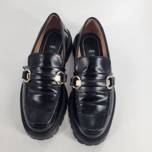 Zara Black Loafers with Gold Buckle